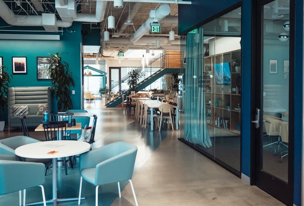 A cafe with blue interiors