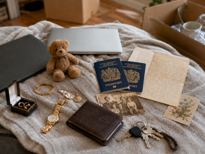 Memorabilia and valuables, like passports and wallets, on a grey blanket on the side of a bed.