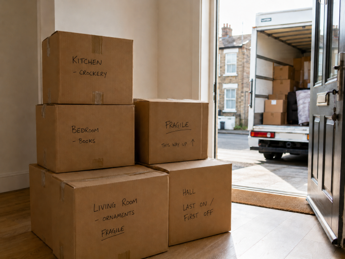 A stack of clearly-labelled moving boxes by an open front door. A moving van is visible.