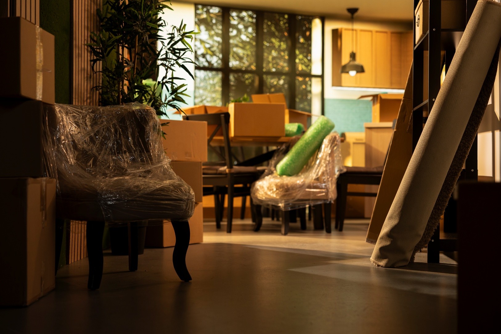 A saturated, lit room with lots of packed-up boxes and wrapped chairs.